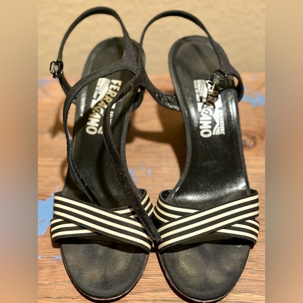 Salvatore Ferragamo Black and Cream Striped Famosa Wedge Heels